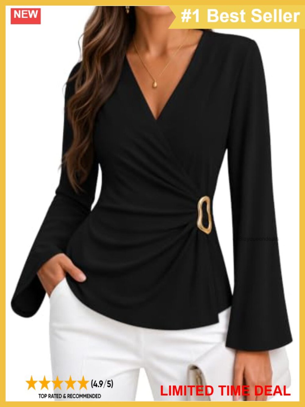 ZESICA Womens Wrap Blouse Long Bell Sleeve V-Neck Business Casual Top